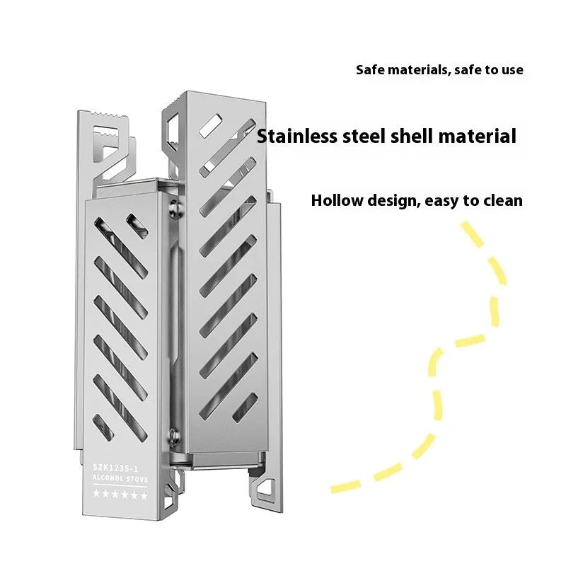 Hexagon alcohol camping stove showing foldable design and black/silver colour options