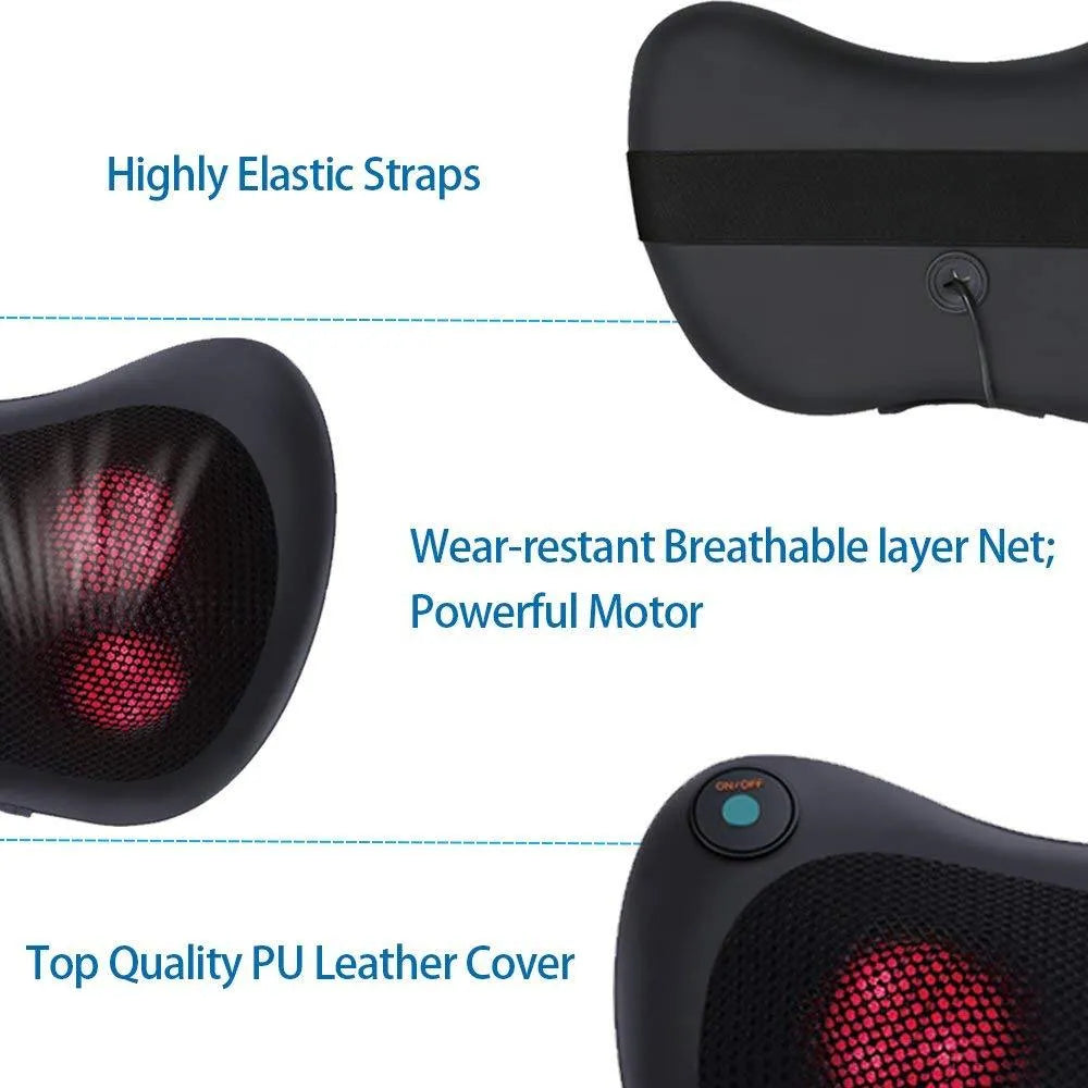 Black cervical vertebra massager cushion with 4 massage heads and infrared heat for car and home use