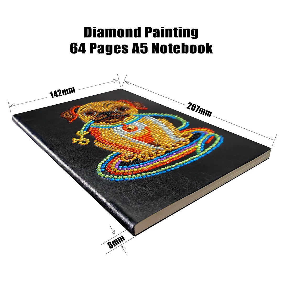 Black A5 DIY diamond painting notebook showing dimensions of 142x207x8mm with 50 blank pages