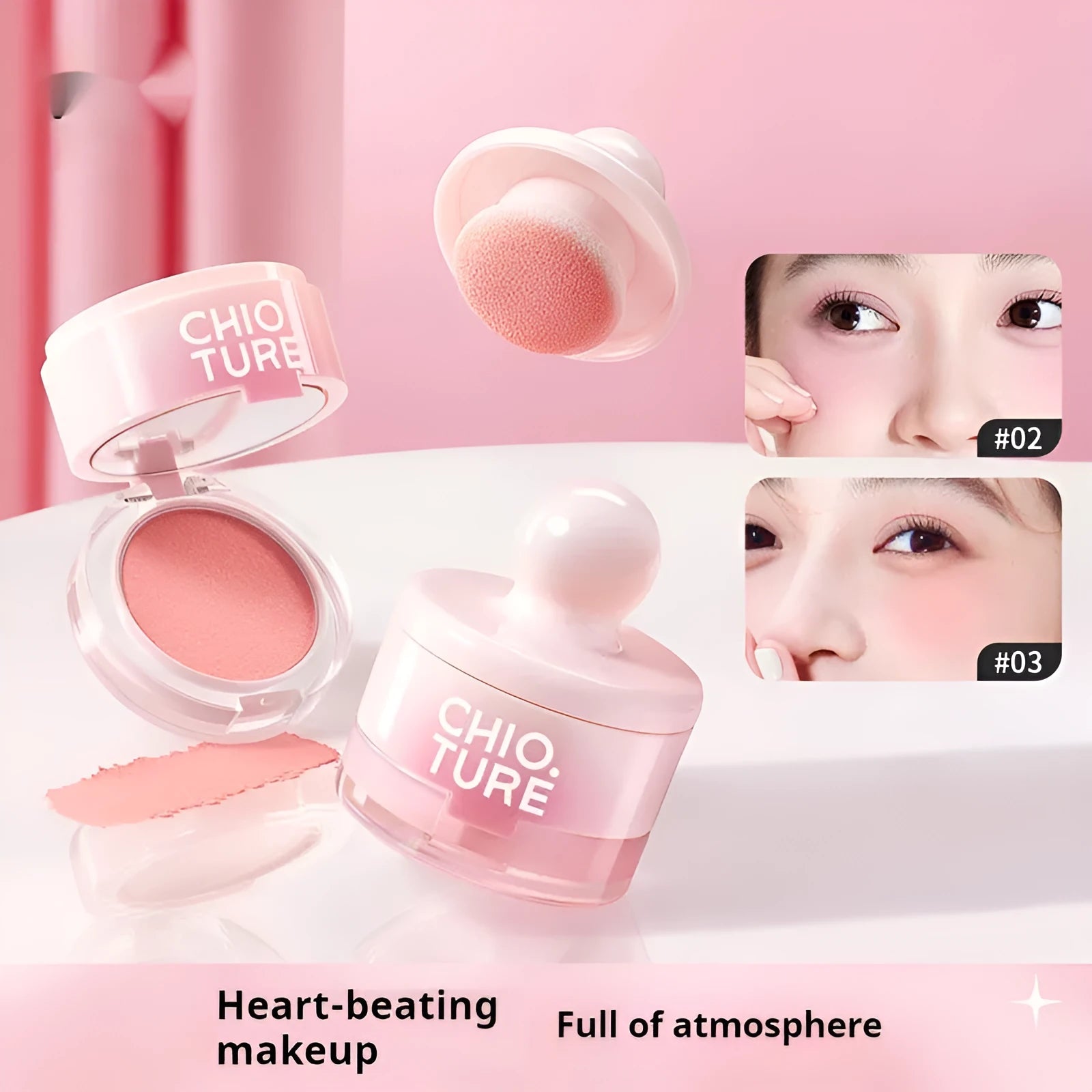 Powder blusher compact with nude shimmer shades including Oxygenated White Peach, Sweet Potato Heartbeat colours
