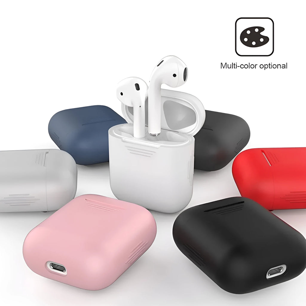 Silicone AirPods case in various colours with attached anti-loss rope and earmuff accessories.