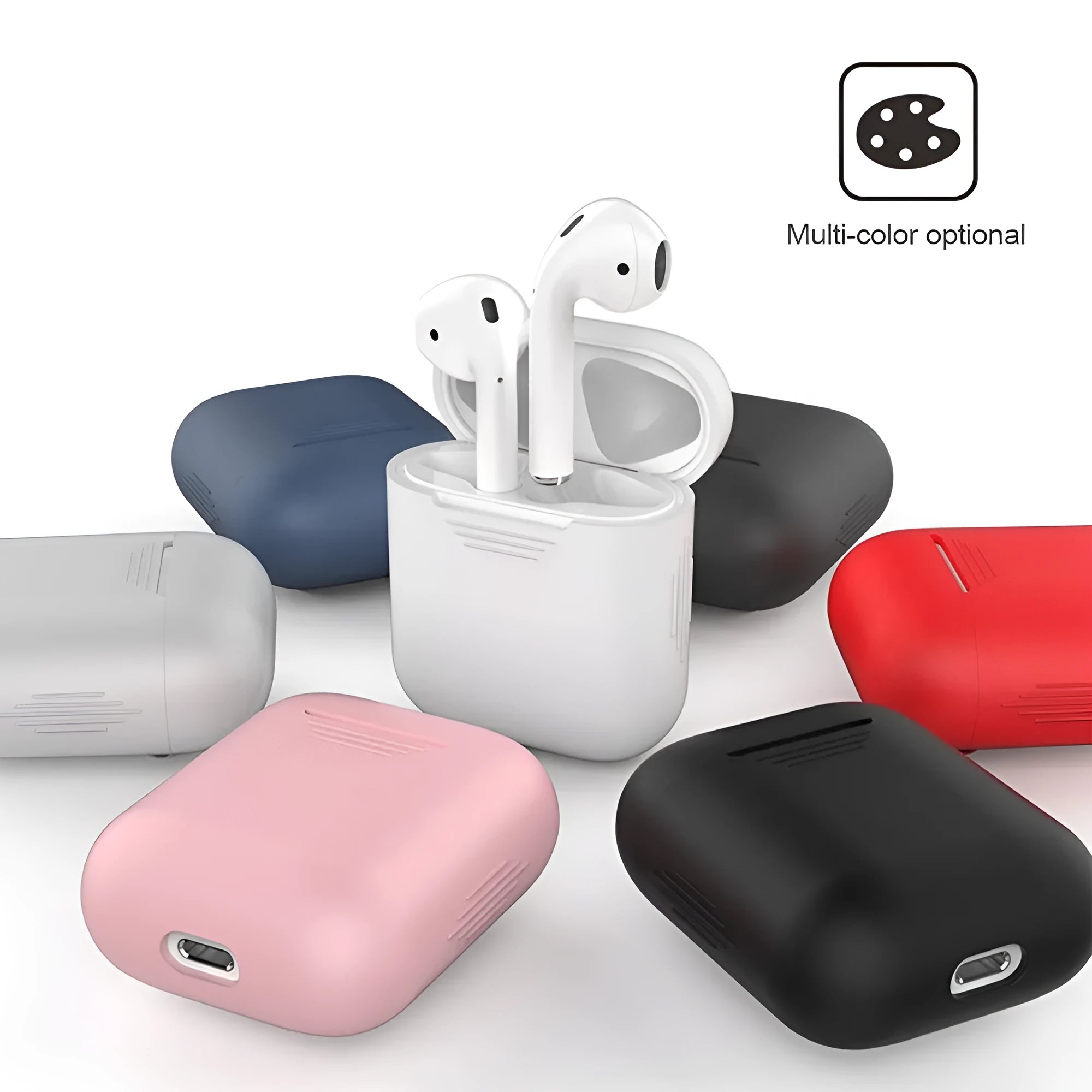 Silicone AirPods case in various colours with attached anti-loss rope and earmuff accessories.