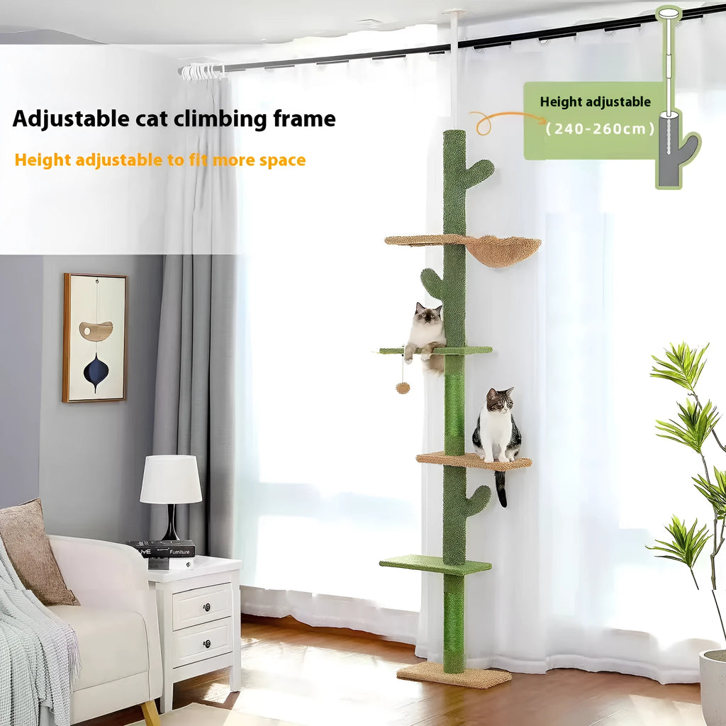 Tall solid wood cat climbing frame with integrated scratch board and a cosy cat nest.