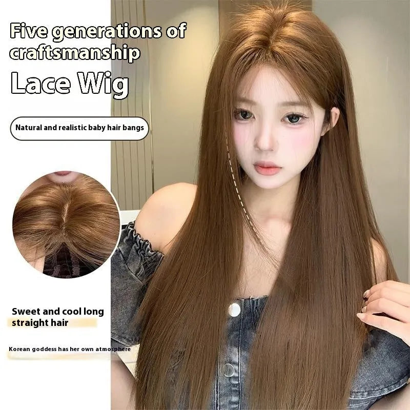 Warm brown lace front wig with centre-parted bangs and long straight synthetic hair