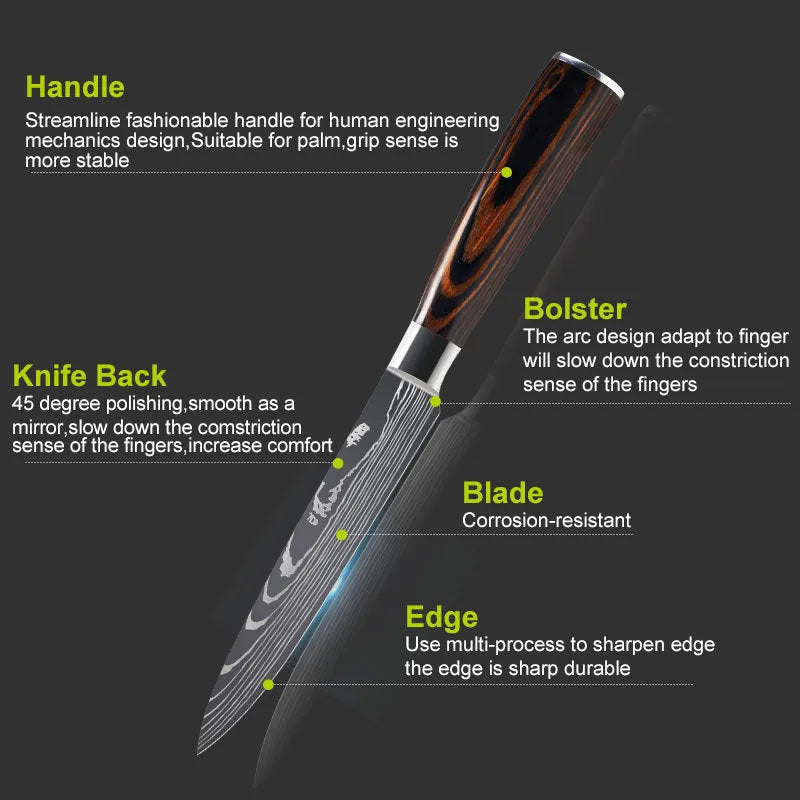 Chef knife with Damascus steel blade, color steel handle, 30cm length for kitchen use
