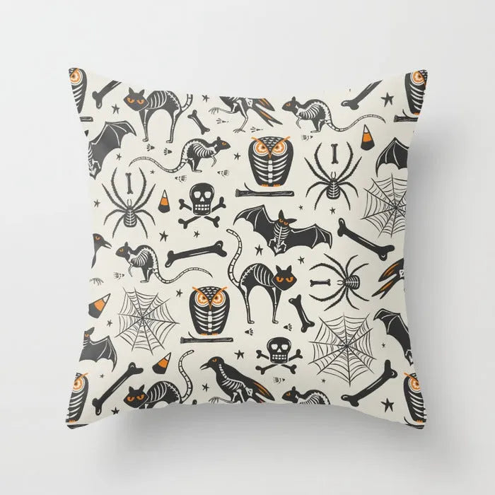 Halloween cartoon anime pillowcase in peach skin fabric 45x45cm with spooky print on sofa