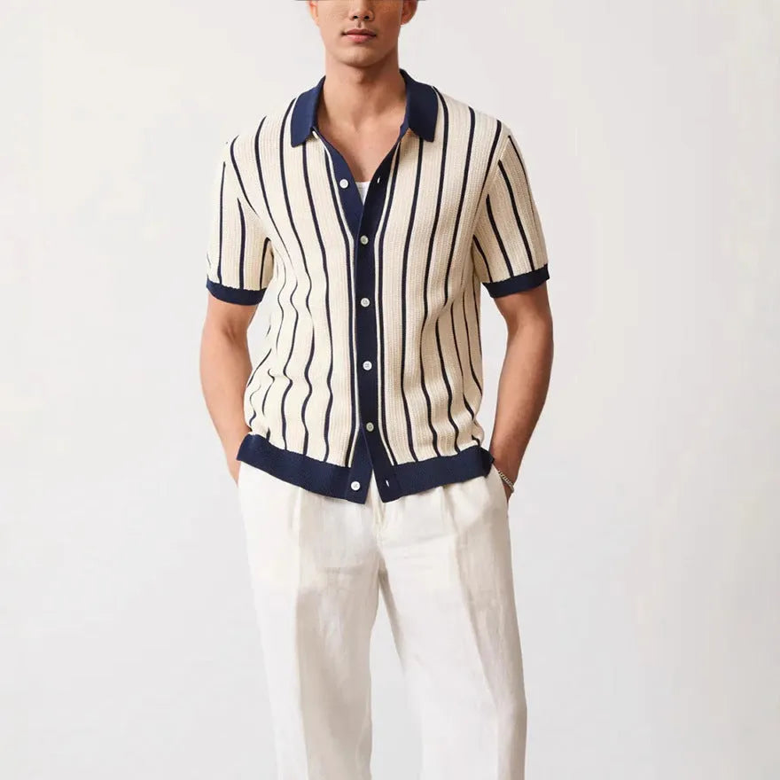 Men's white short sleeve knitted top with an asymmetrical lapel, made from ice silk spandex fabric.