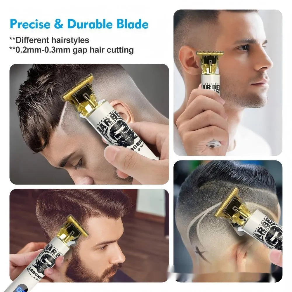 USB rechargeable hair clipper with stainless steel cutter head, plastic body, and charging cable