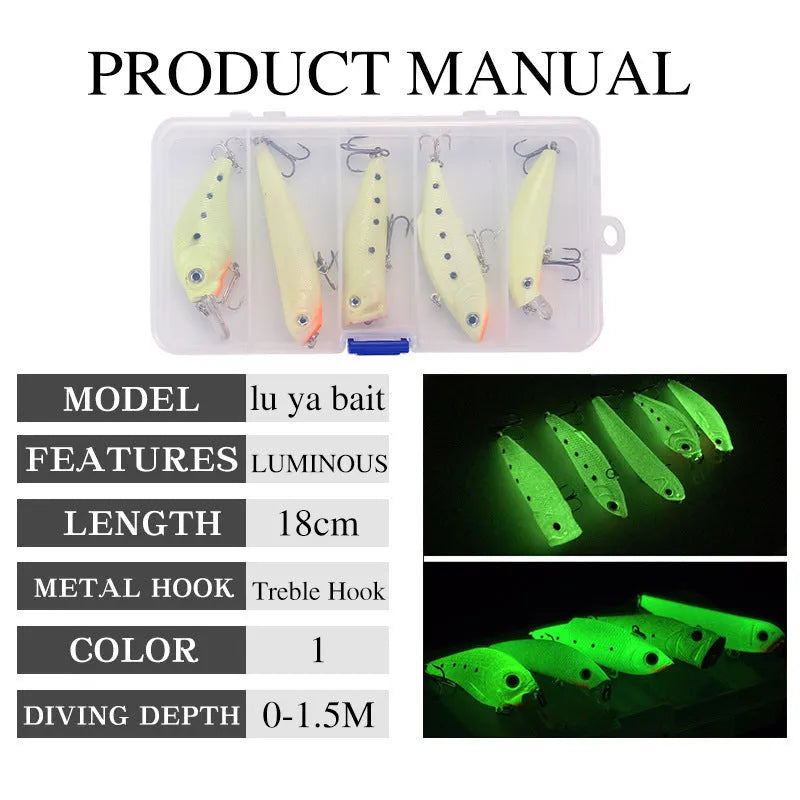 Set of five 3D fluorescent simulation hard bait fishing lures with submerged luminous design