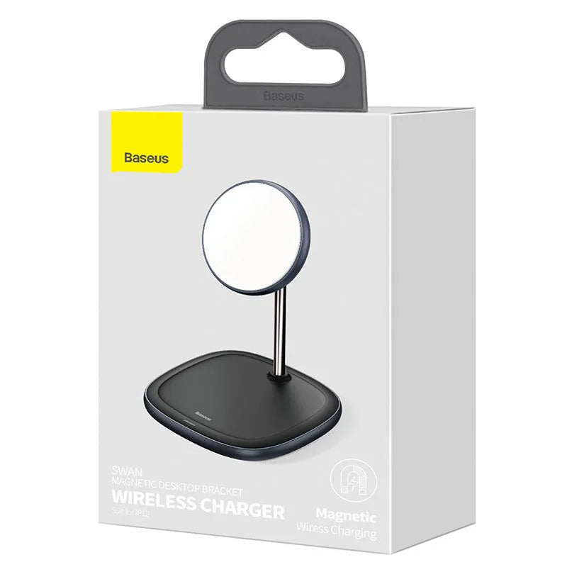 Swan magnetic desktop wireless charging stand for iPhone 12 in black and white colour options.