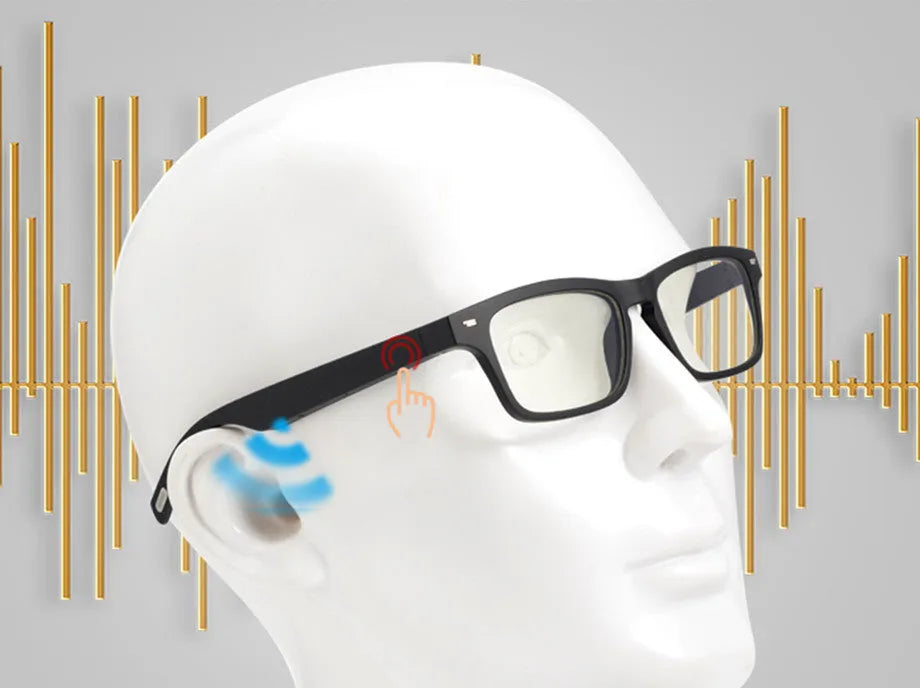 Smart Bluetooth audio sunglasses with polarised lenses on a sports background.