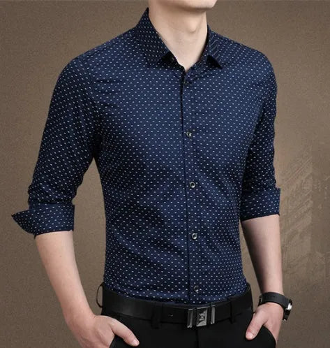 Polka dot men's dress shirt with slim fit in green colour long sleeves