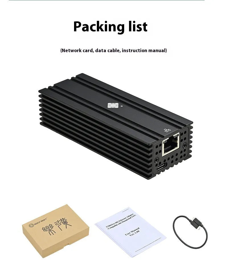 Black Leyu USB4 10 Gigabit network adapter with RJ45 port and short cable