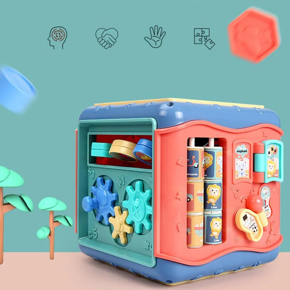 Montessori hexahedron educational toy cube with six different games including bead maze and clock face