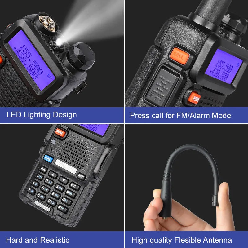 Black dual-band UHF VHF walkie talkie with antenna, showing compact 110x58x32mm dimensions.