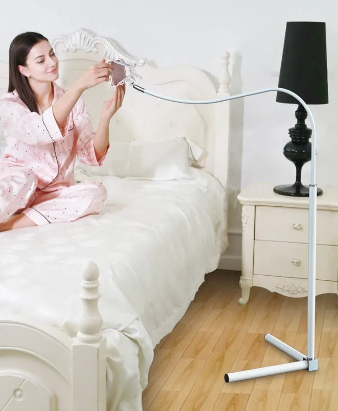 Universal mobile phone bed bracket with adjustable overhead support shelf in black and white colour options