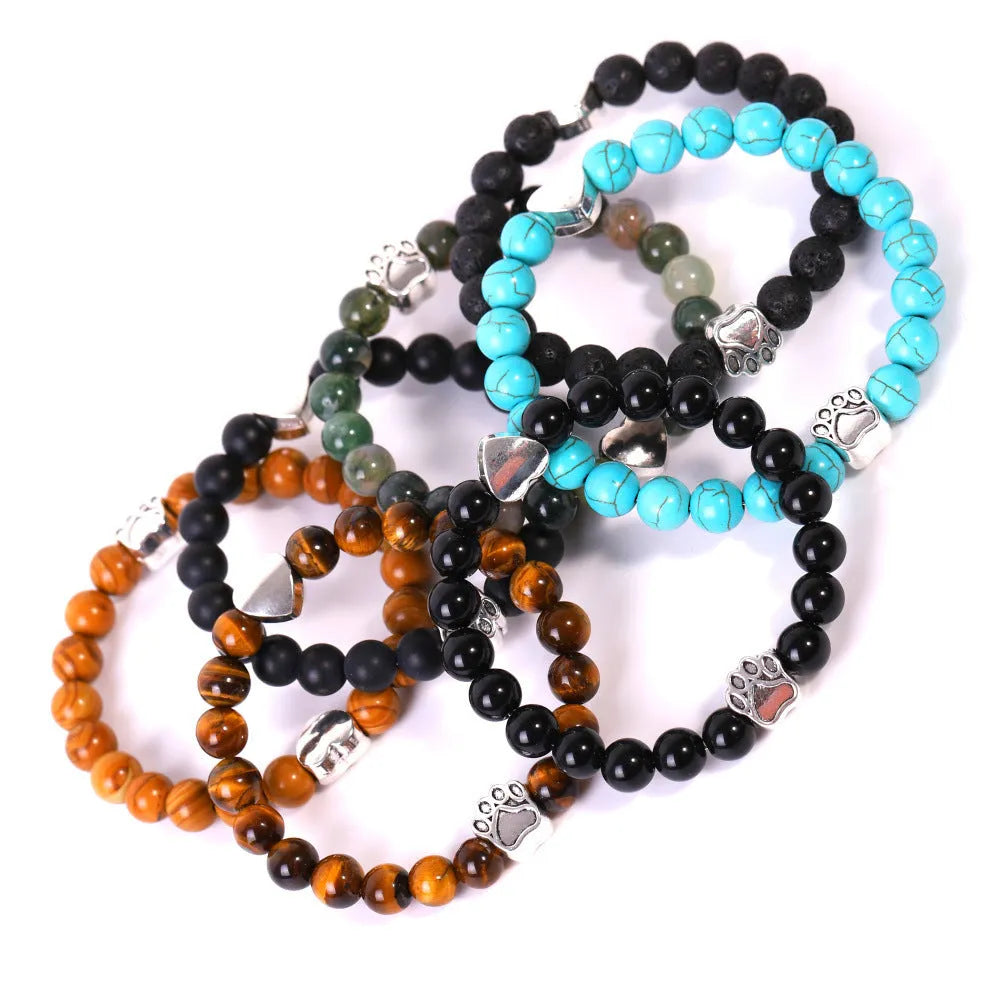 Indian agate dog's paw bracelet with love heart charm made from natural tigereye stone beads