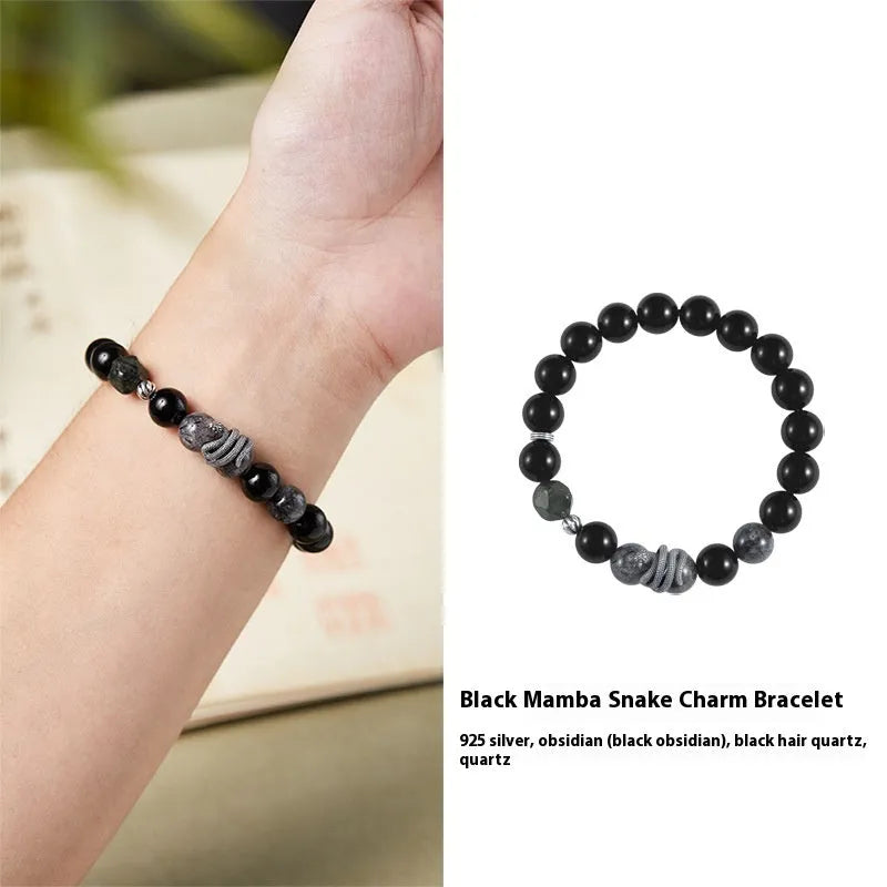 Men's S925 sterling silver bracelet with obsidian black hair crystal and detailed snake zodiac design on a black background.