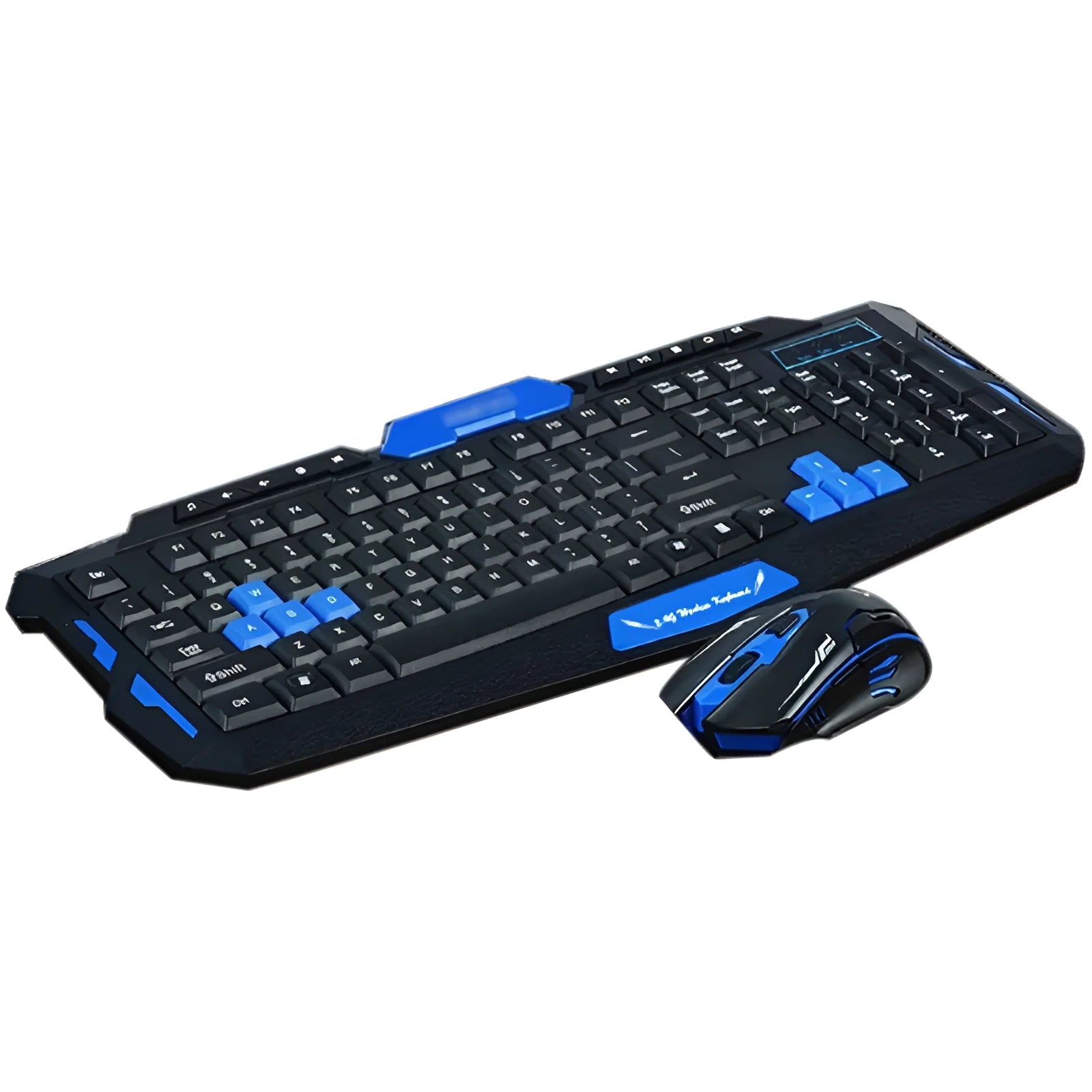 Black and blue wireless keyboard and mouse set on a desk, showing their size and design.