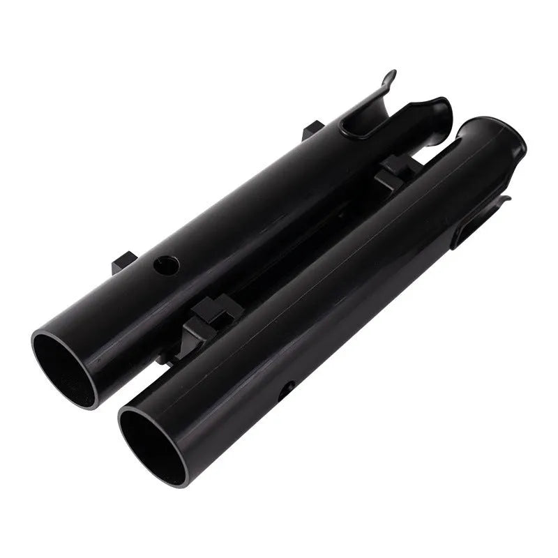 Black carbon fibre plastic fishing rod rack mounted on bicycle handlebars with adjustable straps