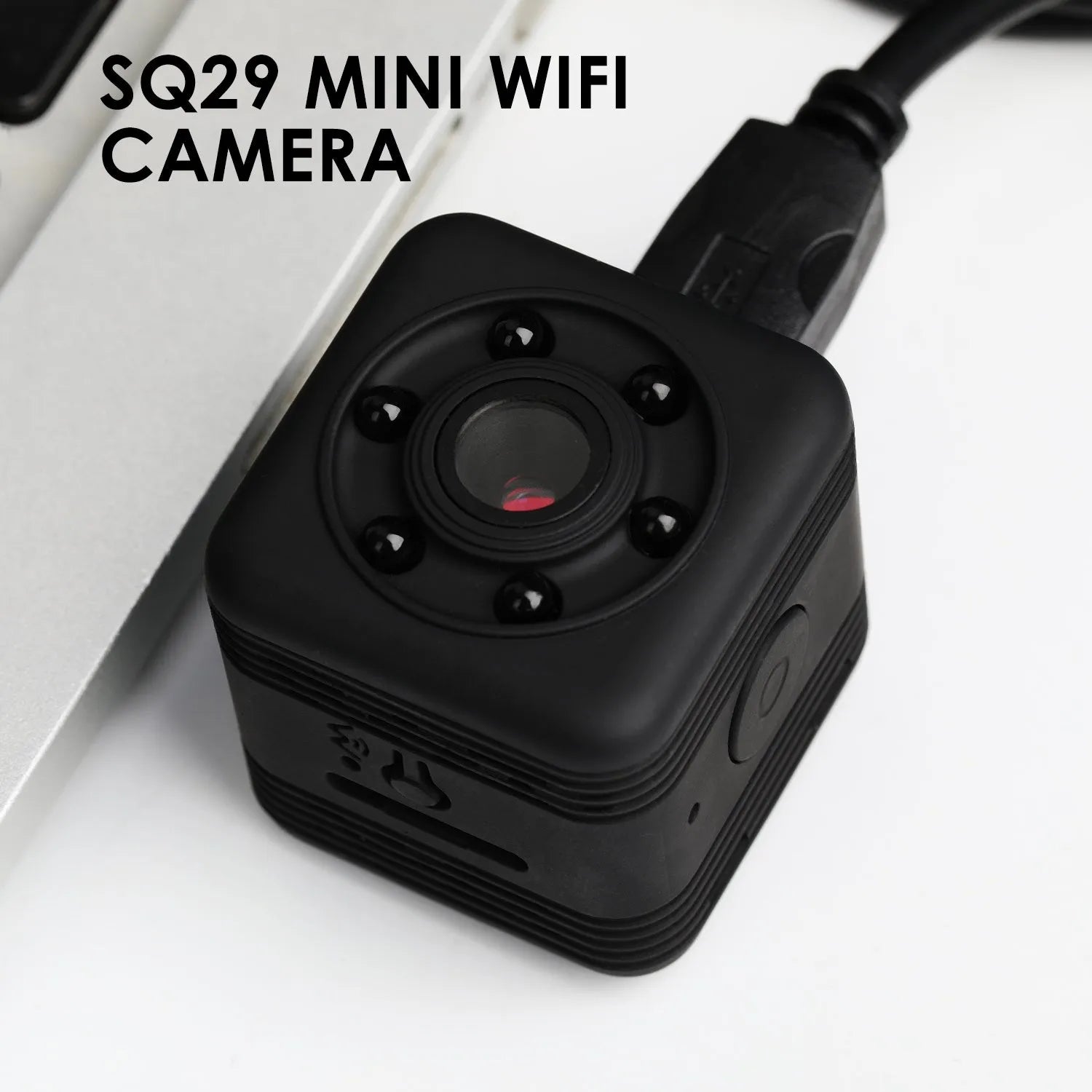 Black SQ29 waterproof sports camera with MicroUSB port and TF card slot