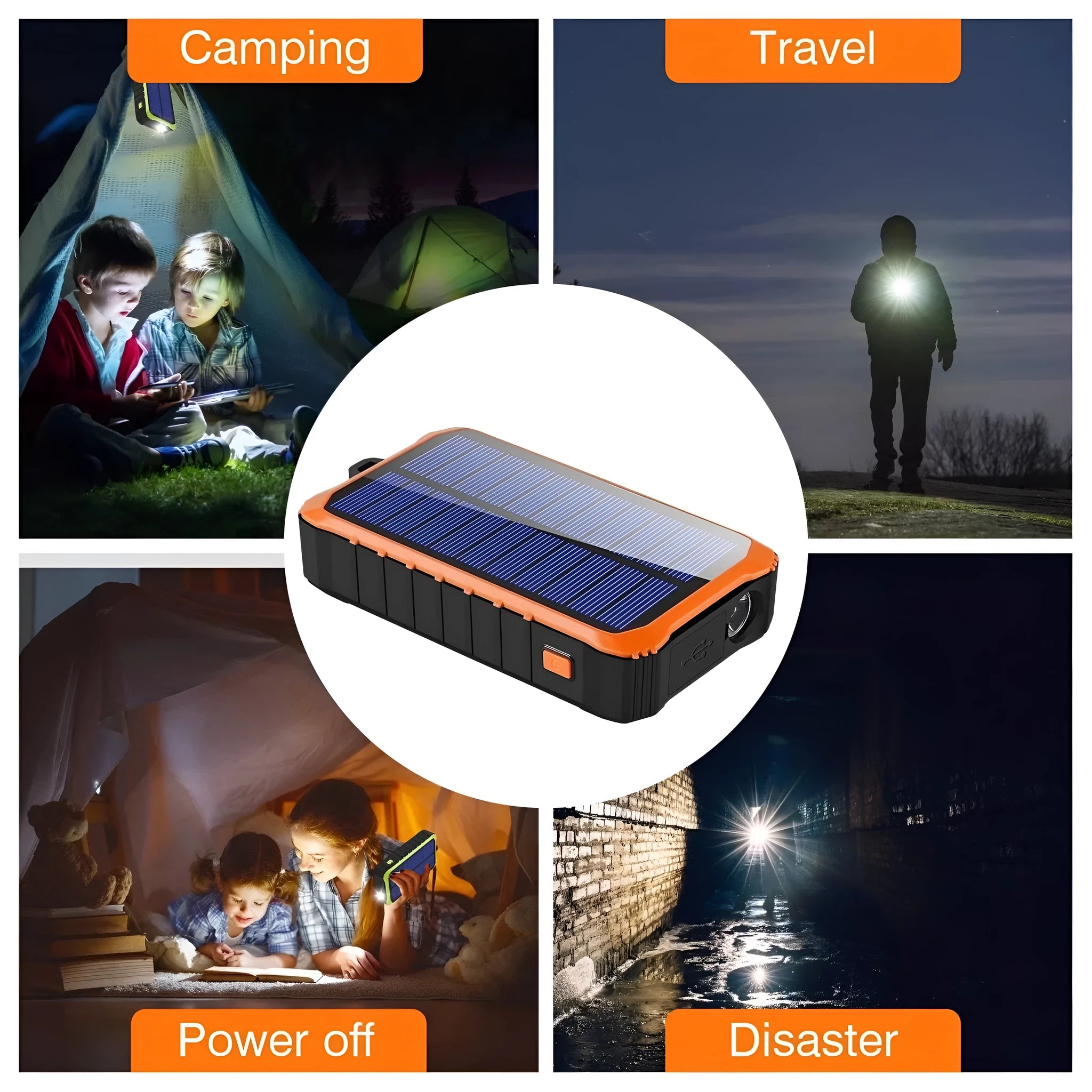 Green or orange hand solar mobile power bank showing dual USB ports and solar panel