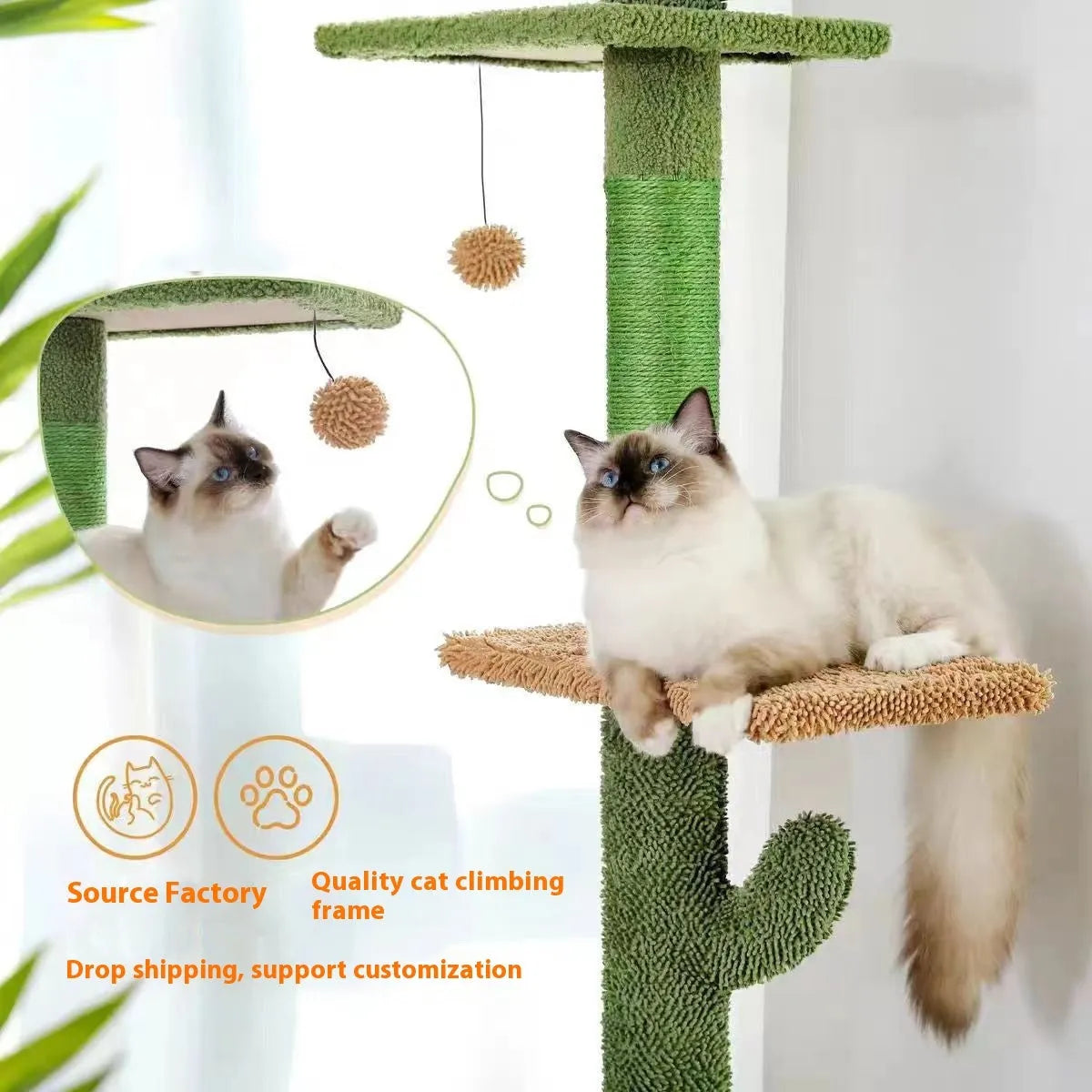 Tall solid wood cat climbing frame with integrated scratch board and a cosy cat nest.
