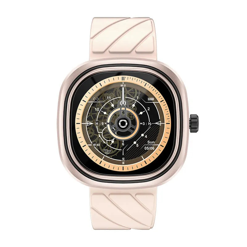 Bluetooth smart sports watch with a black silicone band and a square touch screen display.