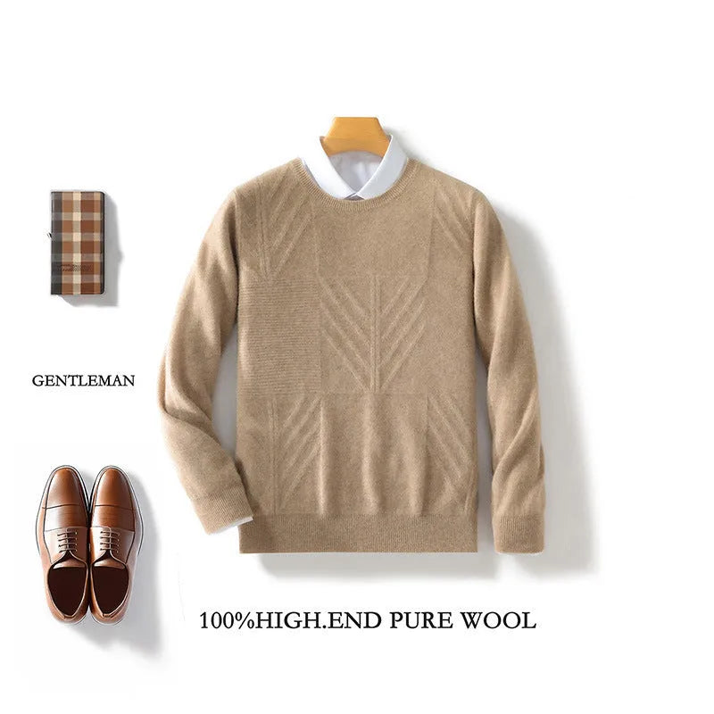 Men's round neck solid colour jacquard sweater loose fit long sleeve pullover in bean green