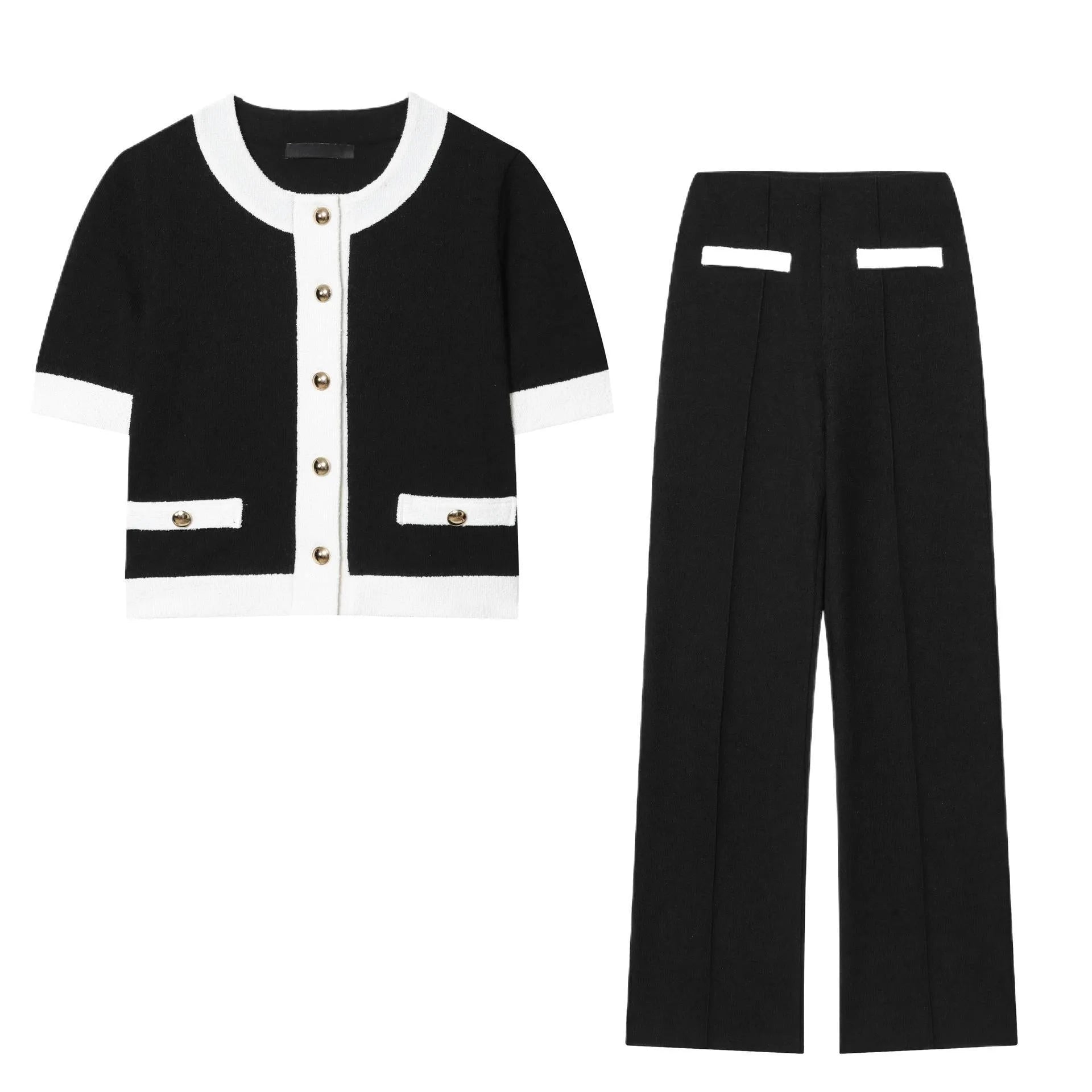 Women's casual suit set with beaded top and high-waisted trousers in street fashion style