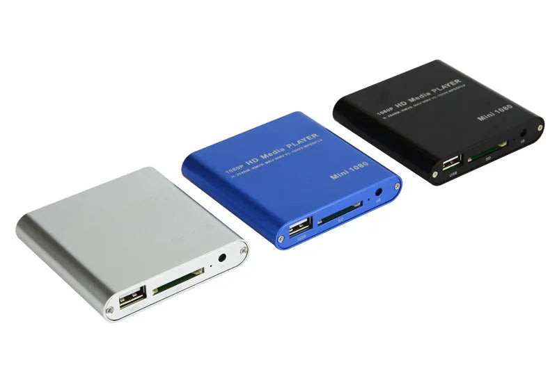 Compact black or blue 1080p Full HD media player with HDMI port, SD card slot and USB input