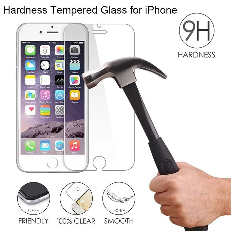 Transparent tempered glass screen protector for iPhone on a white background