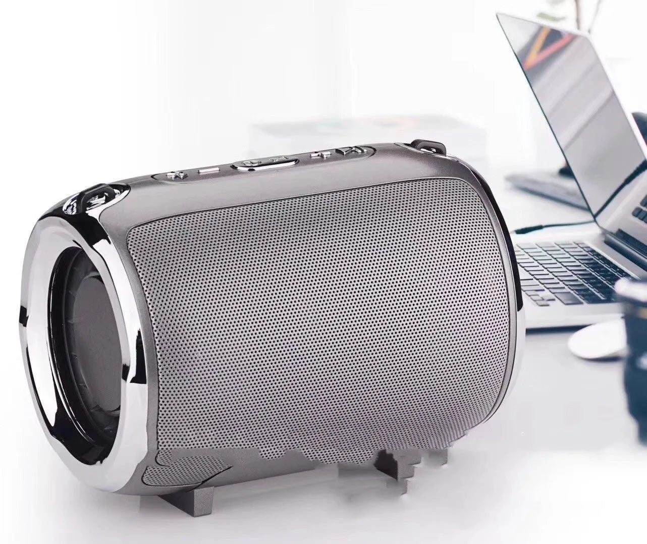Portable metal-cased subwoofer sound system in black, blue, gold, red, or silver with USB port and control buttons.