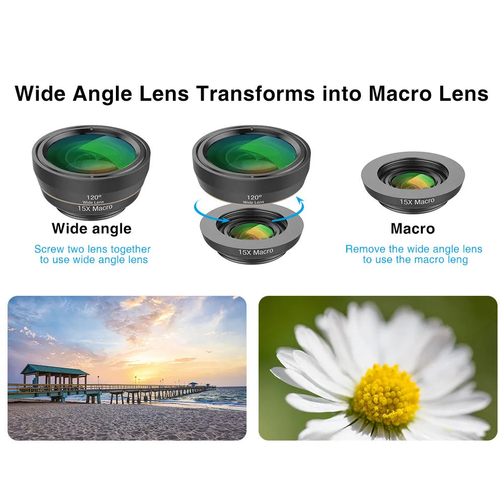 Black aluminium 6-in-1 smartphone camera lens kit with fisheye, macro, wide-angle, telephoto, CPL and star filters