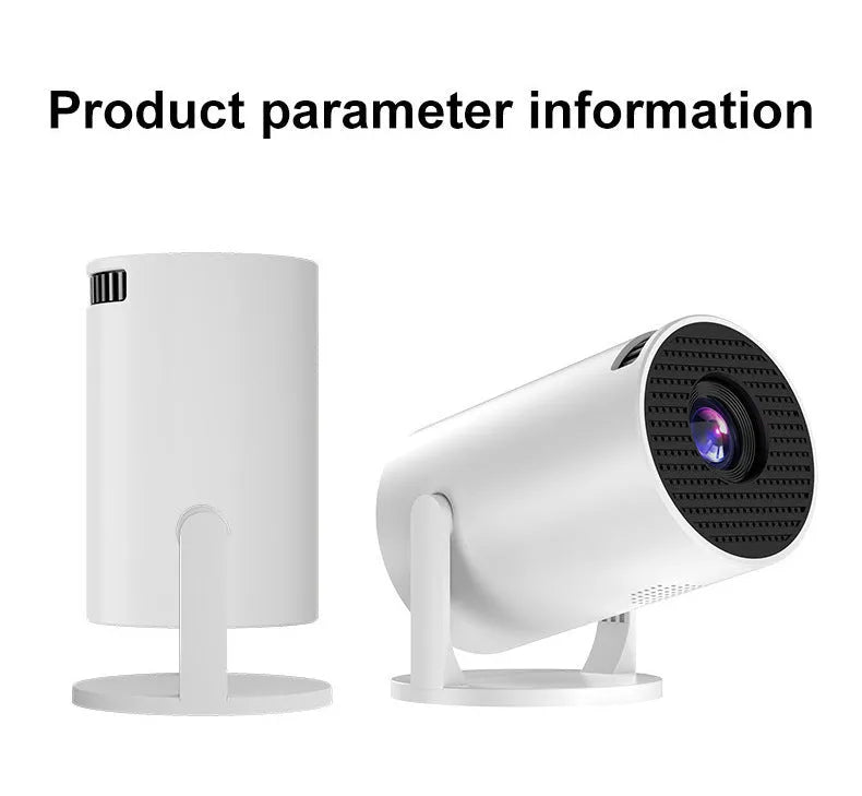 White MINI wireless portable projector showing 1080p HD resolution specifications