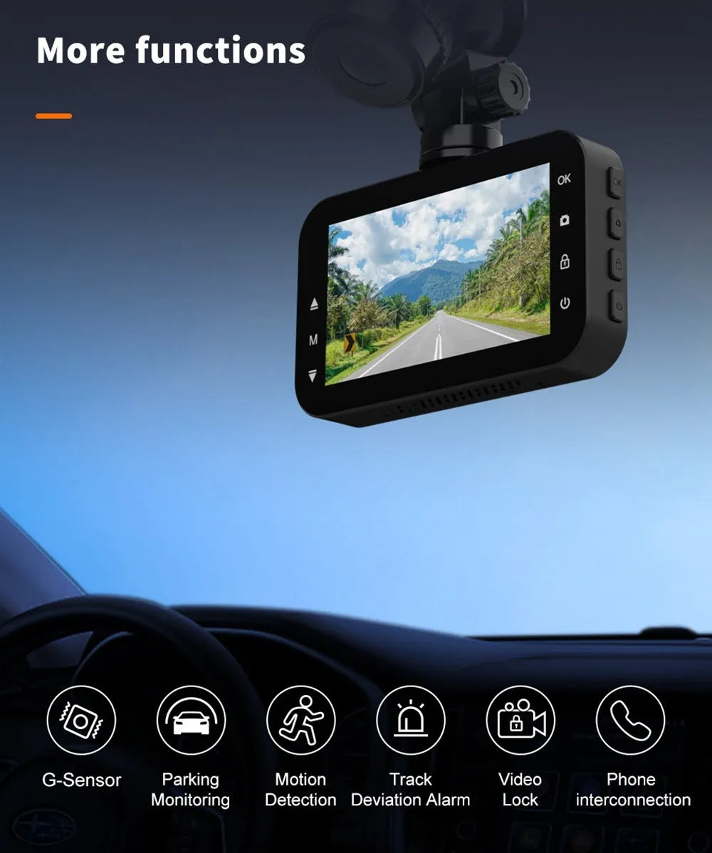 ThiEYE front and rear dash cam with 3-inch screen, suction mount, and rear waterproof camera
