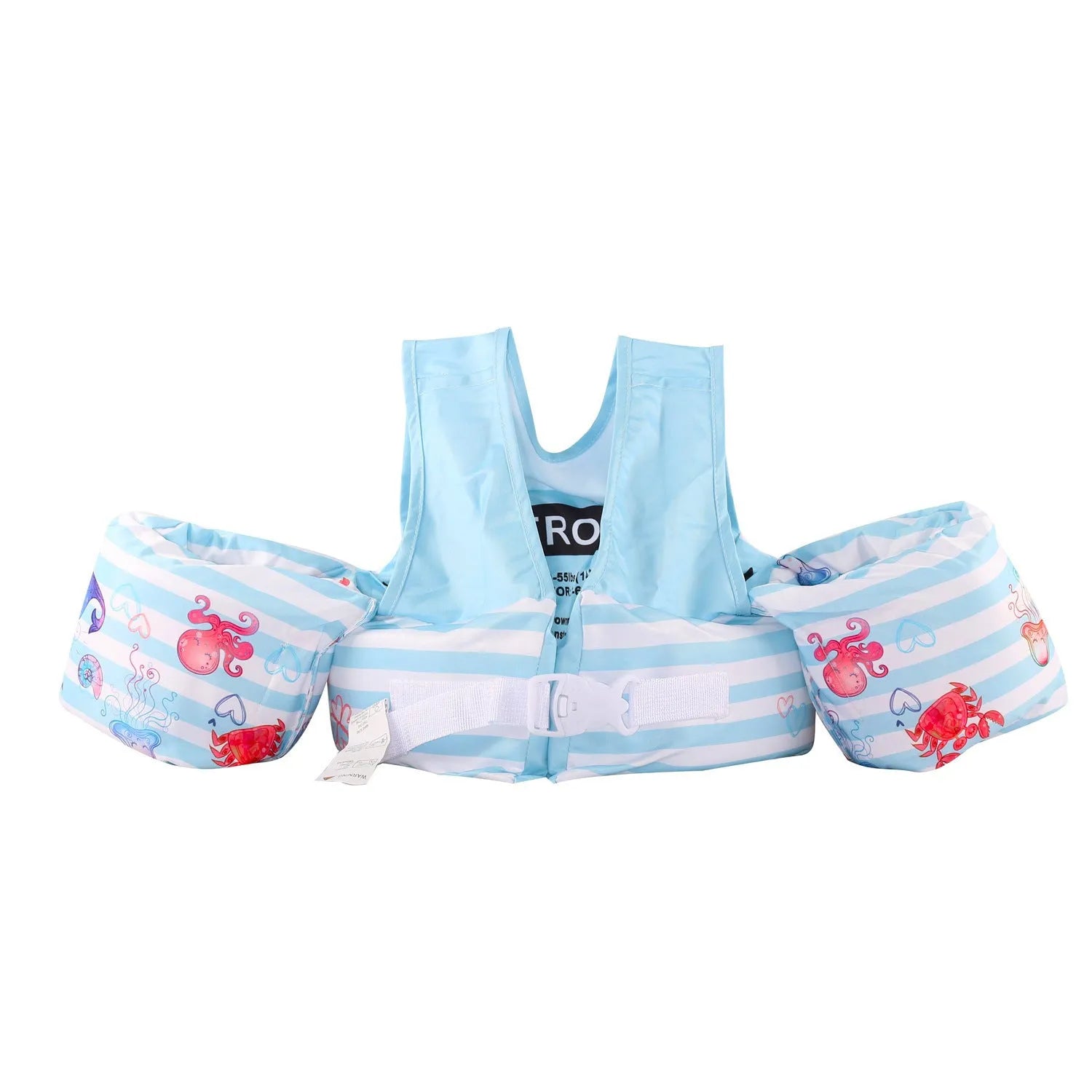 Cartoon children's swimsuit with integrated arm swimming rings in colourful watermelon pineapple design