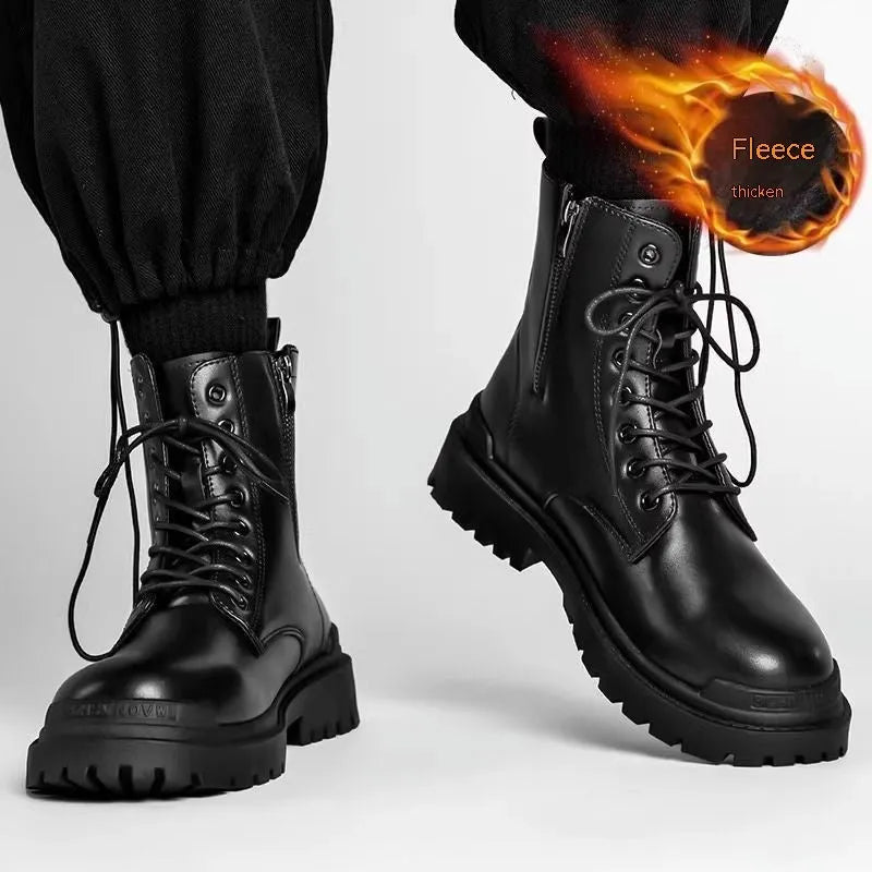 Men's black mid-top waterproof leather boots with rubber soles
