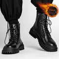 Men's black mid-top waterproof leather boots with rubber soles