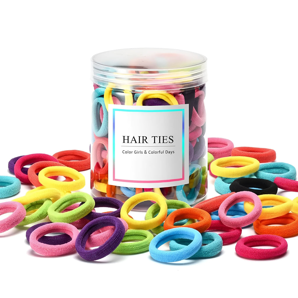 100 seamless cotton baby hair ties in 10 mixed colours displayed in small jar packaging
