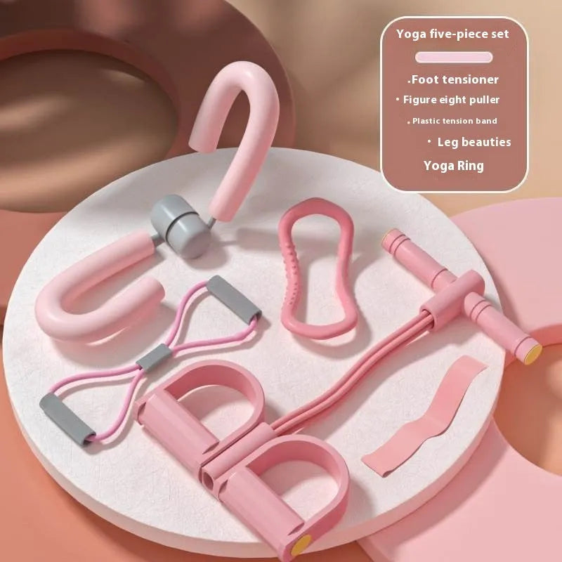 Yoga four-piece set with leg stretching device, ring, pedal tensioneer, and figure eight rope