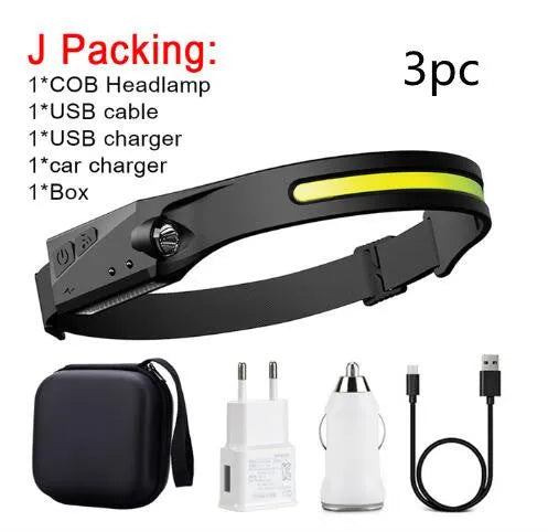 COB LED induction headlamp with silicone body, wide 230-degree beam, and separate long-distance side LED on a dark outdoor background