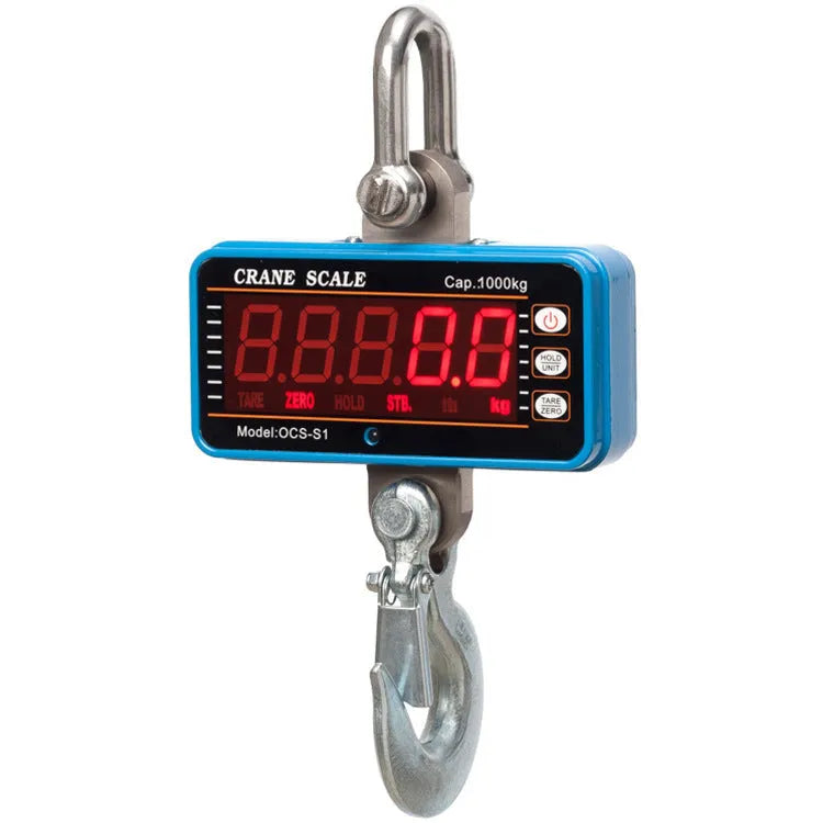 Orange electronic crane scale with digital display showing weight measurement