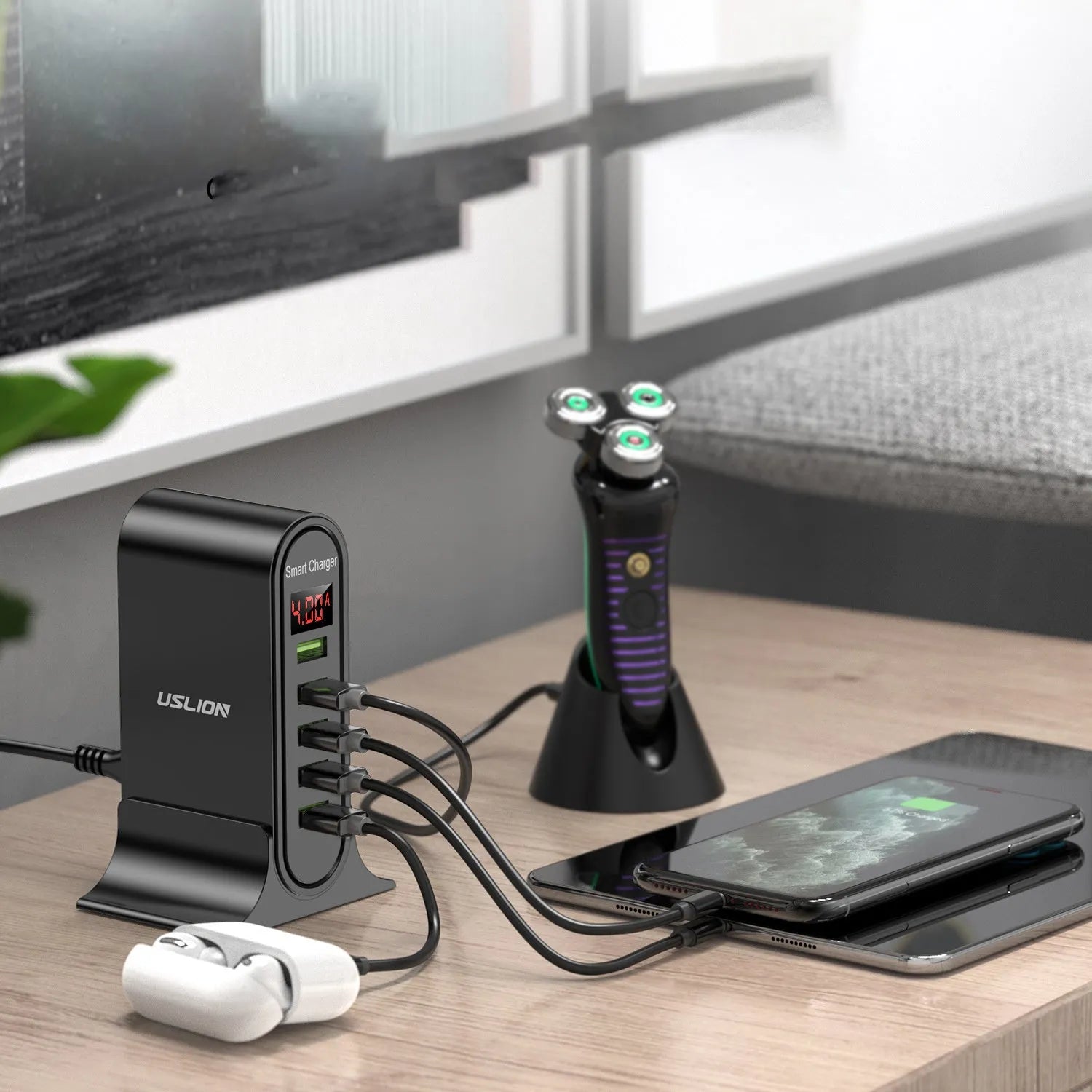 Smart USB charger with LED digital display showing charging status, available in black or white with UK EU US plug options