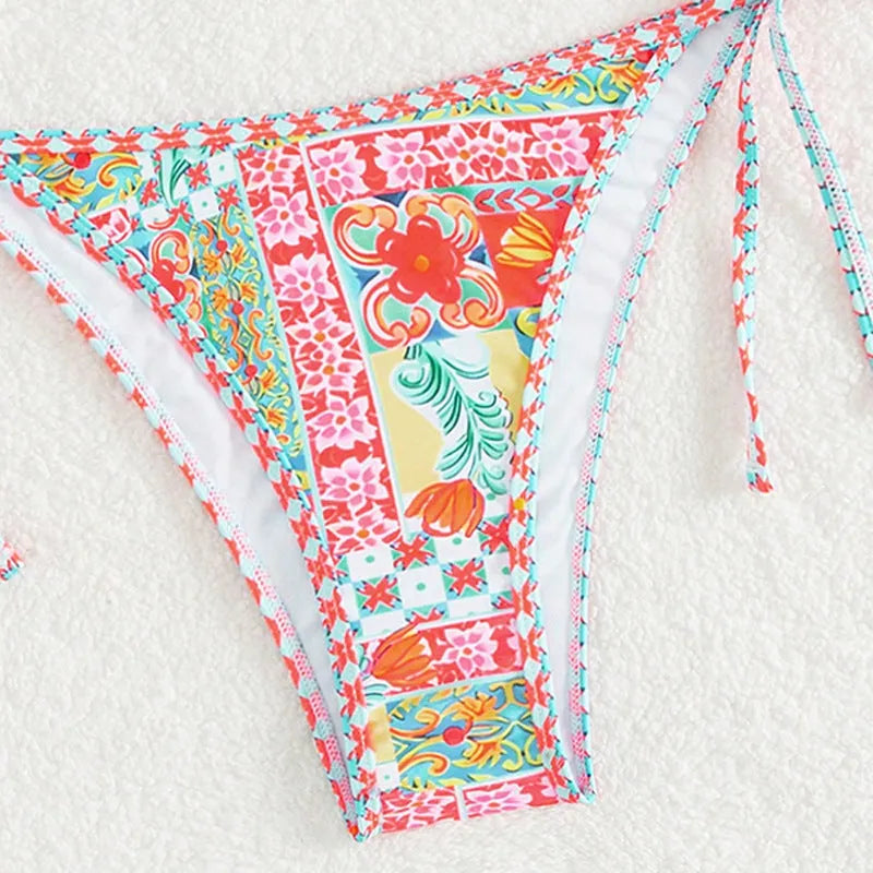 Women's lace-up front split briefs swimsuit bikini set in picture colour.