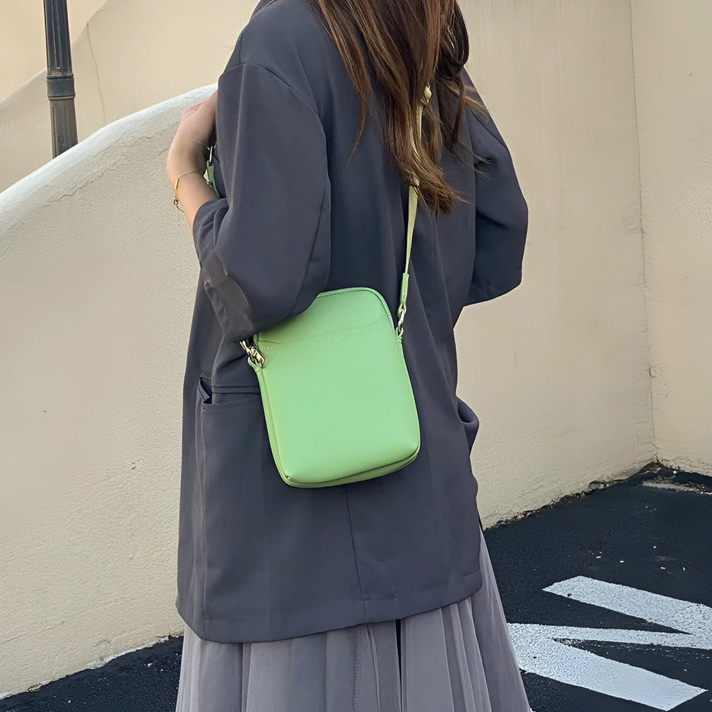 Solid colour PU crossbody shoulder bag for women in beige, showing compact size.
