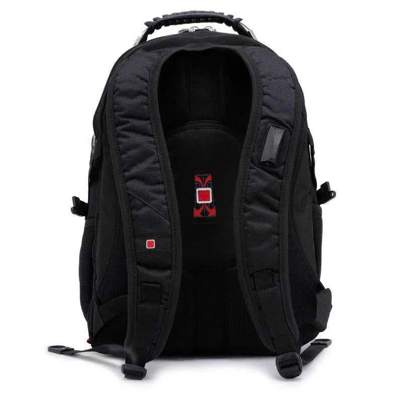 Black business computer backpack showing three compartments and internal organisers for 12-15 inch laptops