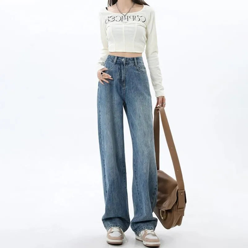 Women's retro blue wide leg jeans with high waist and straight leg design