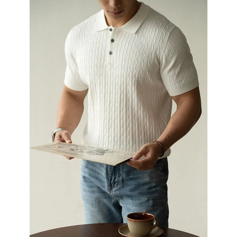 Men's khaki short-sleeve business top on a hanger, showing front design.