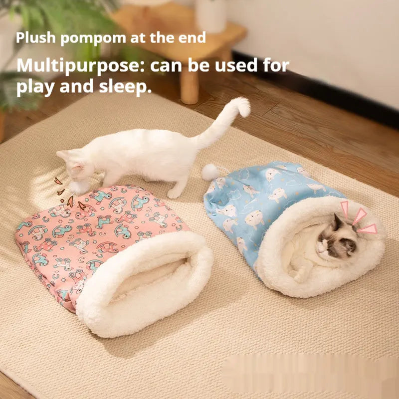 Blue rabbit patterned flannel cat sleeping bag nest measuring 50 by 40 centimetres.